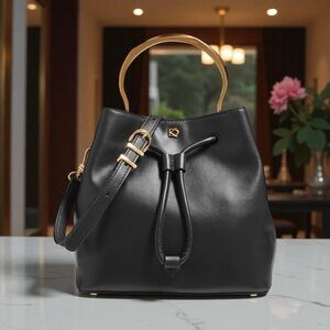 DONNA KARAN LAWRENCE BUCKET BAG BLACK W/GOLD HANDLE